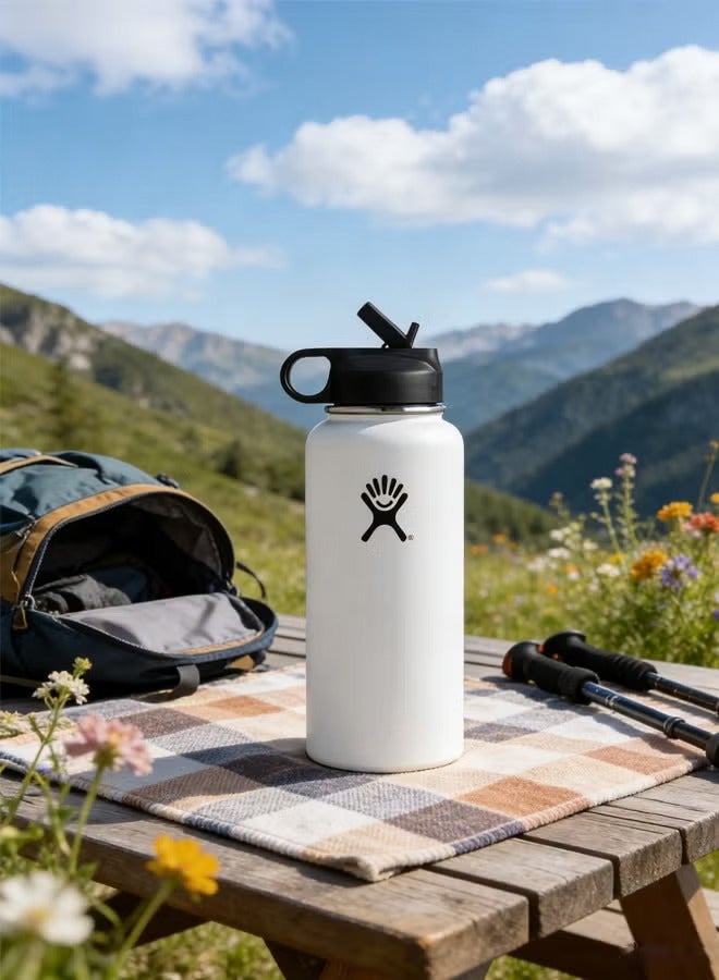 هايدرو فلاسك فراغ معزول زجاجة مياه الفولاذ المقاوم للصدأ فم واسع مع غطاء القش (أبيض، 32 أوقية) - Image 2